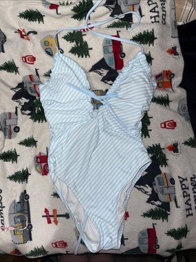 Shade & Shore Light Blue and White Striped Kids One-Piece Swimsuit